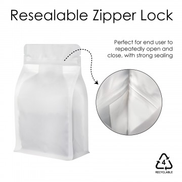 250g Recyclable White Matt Flat Bottom Bag with Zip Lock [FB4] (100 per pack)