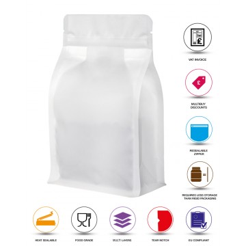 500g Recyclable White Matt Flat Bottom Bag with Zip Lock [FB5] (100 per pack)